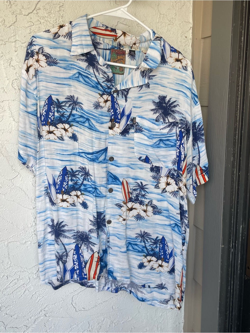 Men's Hawaiian Surf Print Button-Down Shirt - Blue